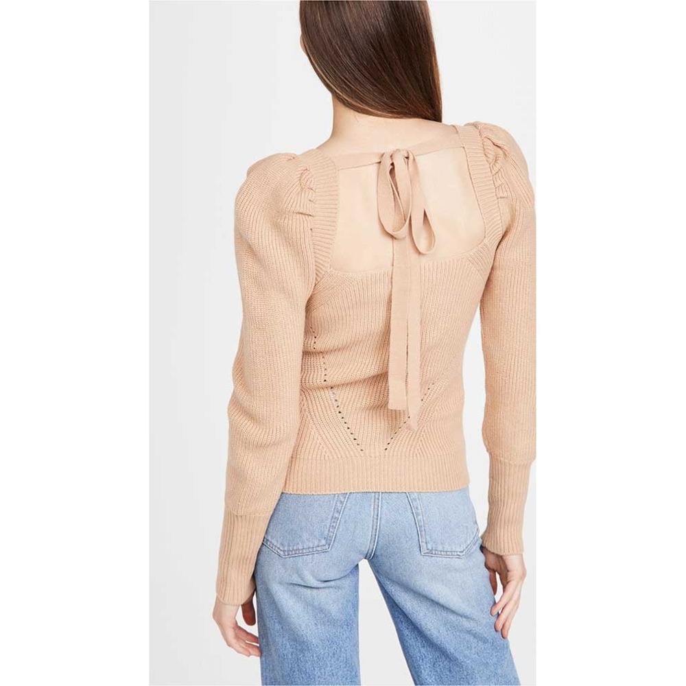 WAYF Camel Tan Ribbed Puff Sleeve Square Neck Tie Back Sweater Size Medium